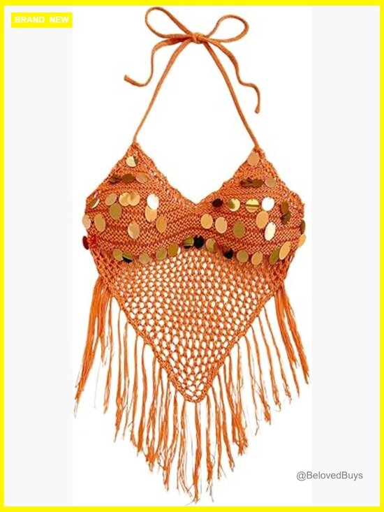 Tops - Sequin Hollow Out Crochet Crop Halter Top Boho Tie Backless Fringe